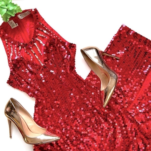 Vintage Niteline Della Roufogali Red Sequin Beaded Gown Maxi Dress Size 12 - Picture 2 of 12